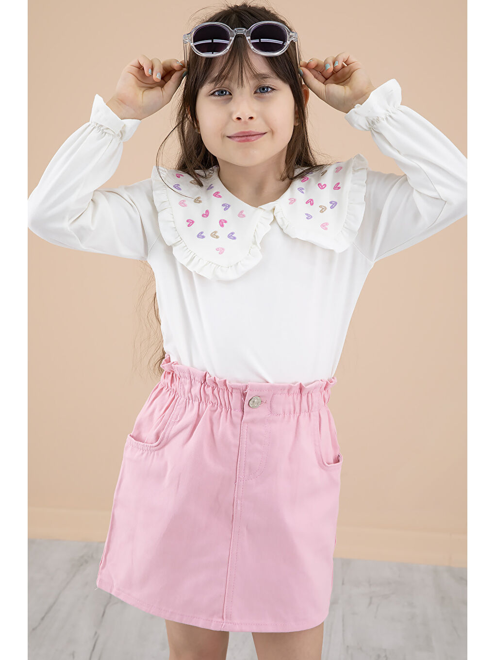 Pembe Yakası Kalp Nakışlı Badili Jean Etekli Kız Çocuk Takım 20332-5