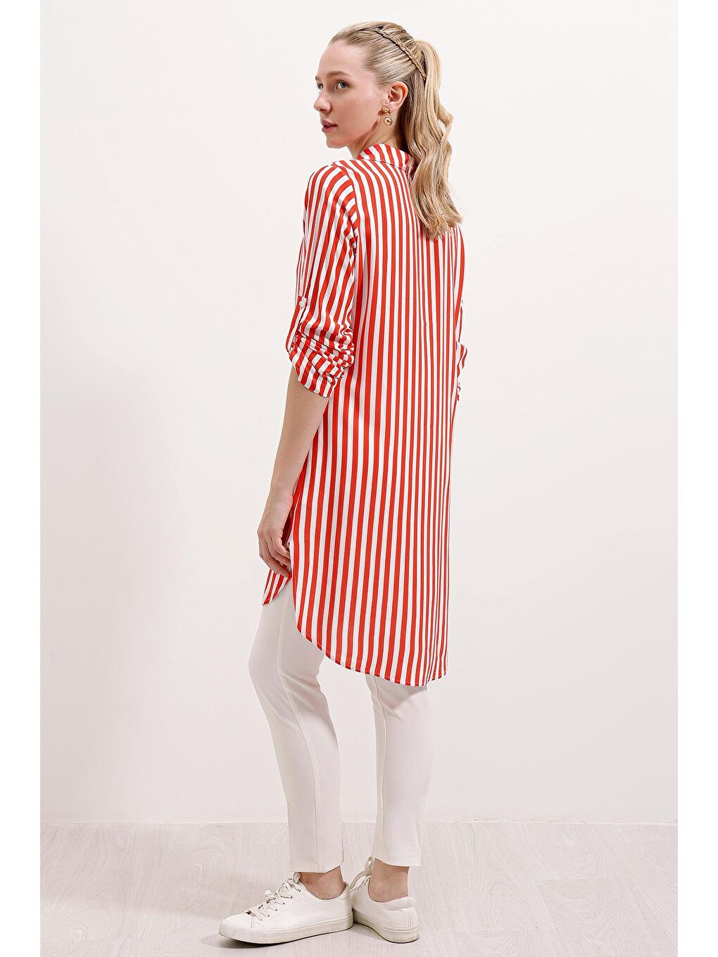 Kırmızı 5613 Yaka Bağcıklı Çizgili Tunik - Nar-3