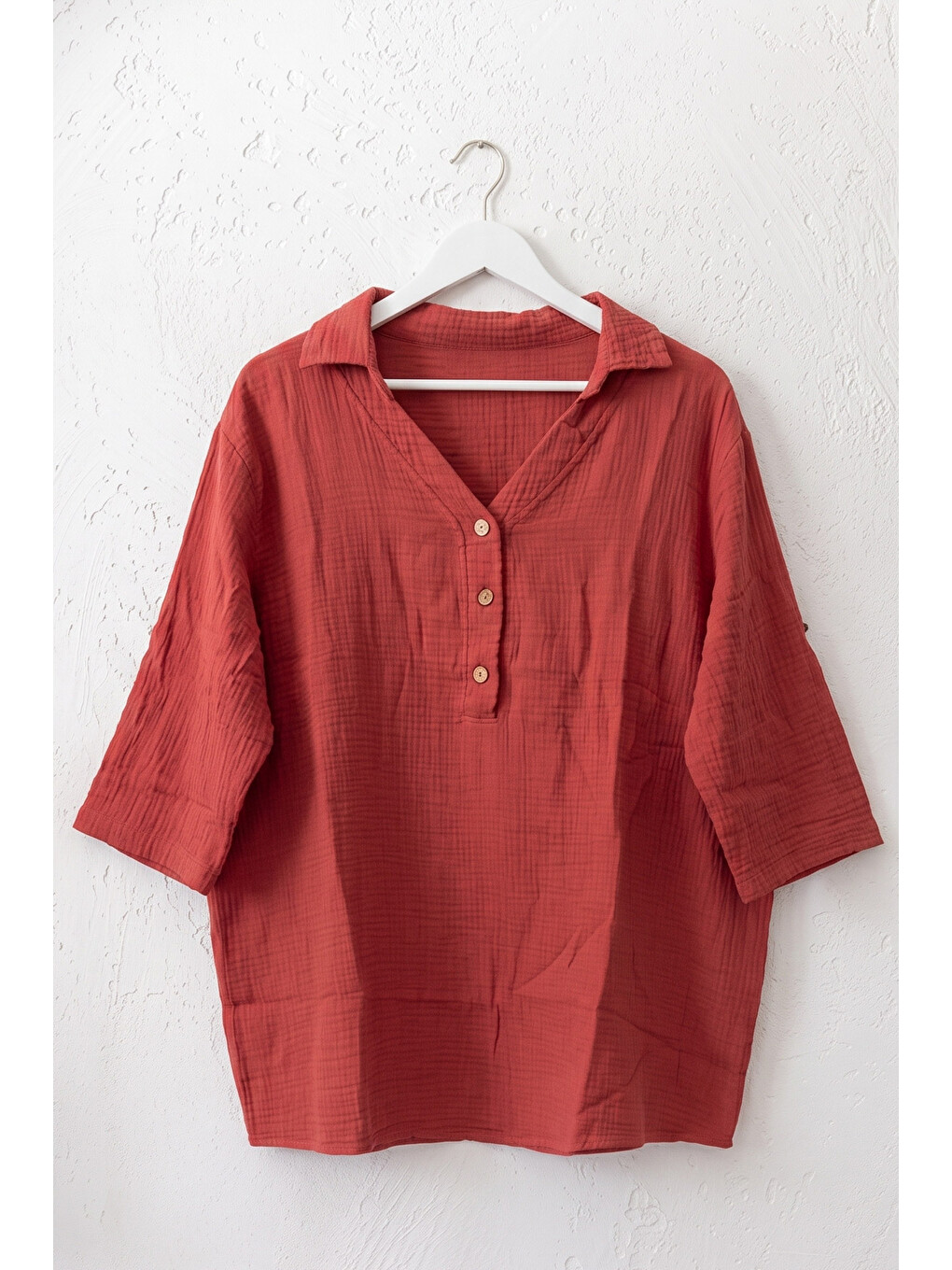 Kahverengi Kiremit Rengi Gömlek Yaka Düğmeli 3/4 Kol Casual Müslin Oversize Dokuma 67 67-1