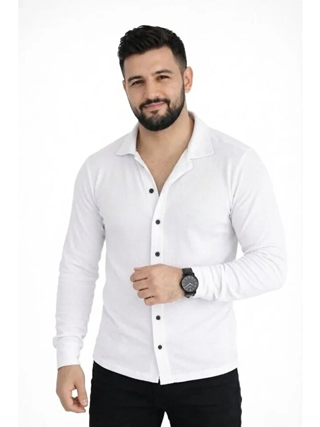 Erkek Waffle Kumaş Uzun Kollu Düğmeli Açık Yaka Regular Fit Gömlek - Beyaz-2