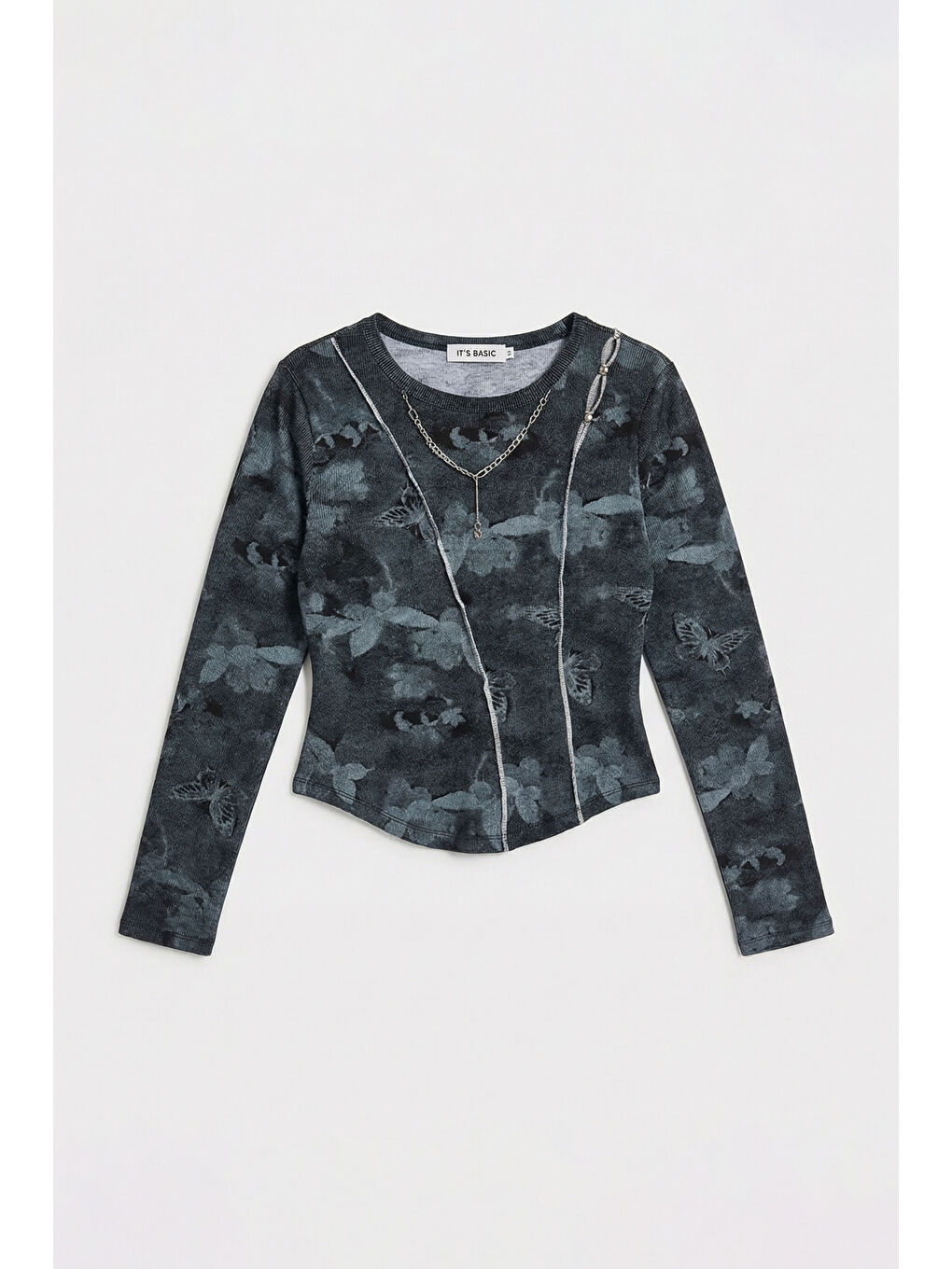 Kadın Siyah Antrasit w5 Baskılı Özel Elastan Kumaş Kolye Aksesuarlı Tasarım Body-2