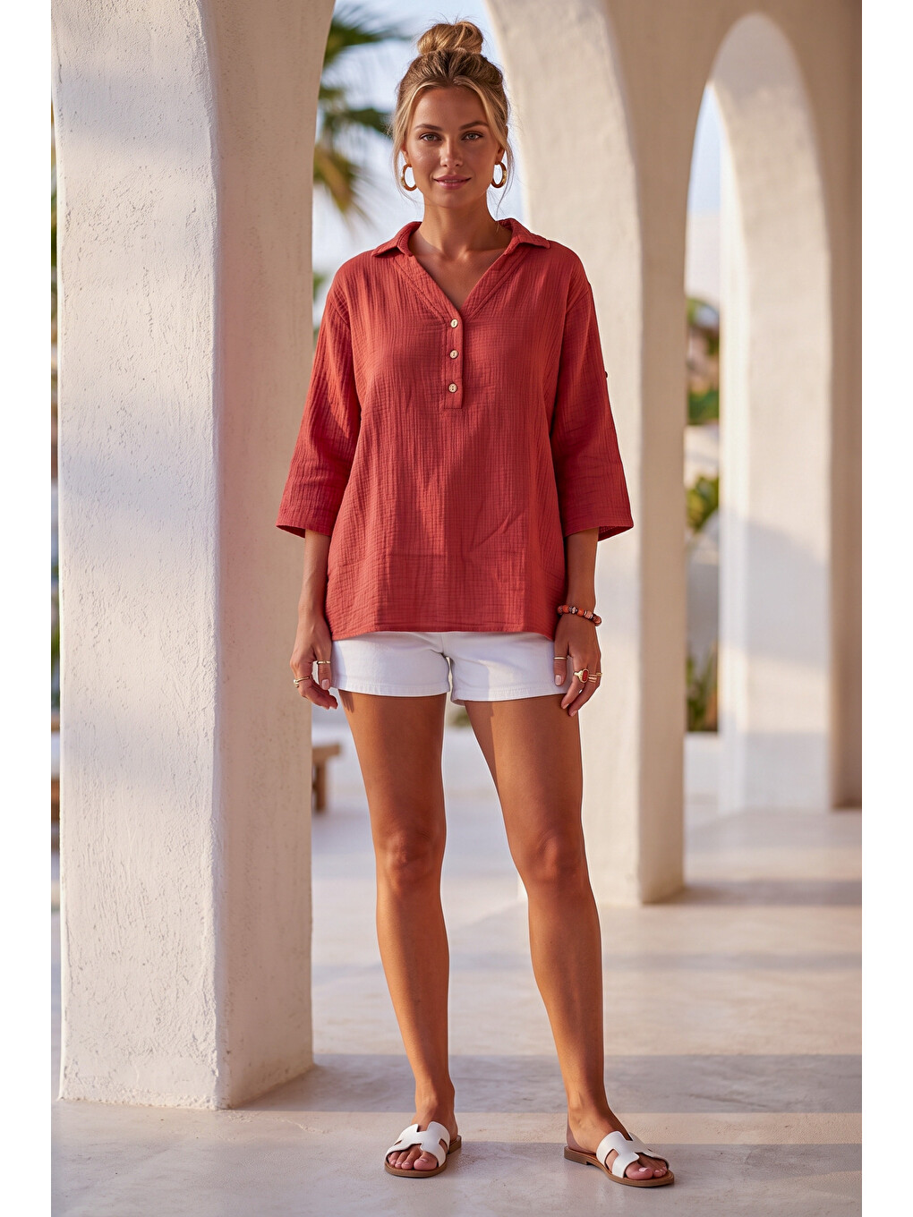 Kahverengi Kiremit Rengi Gömlek Yaka Düğmeli 3/4 Kol Casual Müslin Oversize Dokuma 67 67-3