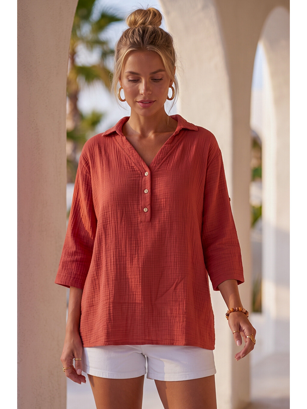 Kahverengi Kiremit Rengi Gömlek Yaka Düğmeli 3/4 Kol Casual Müslin Oversize Dokuma 67 67-5