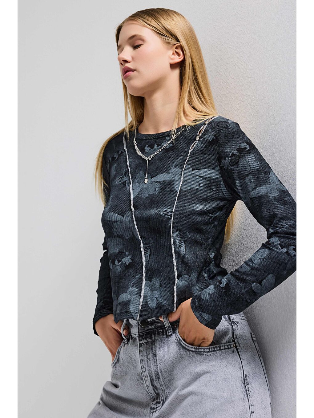 Kadın Siyah Antrasit w5 Baskılı Özel Elastan Kumaş Kolye Aksesuarlı Tasarım Body-3