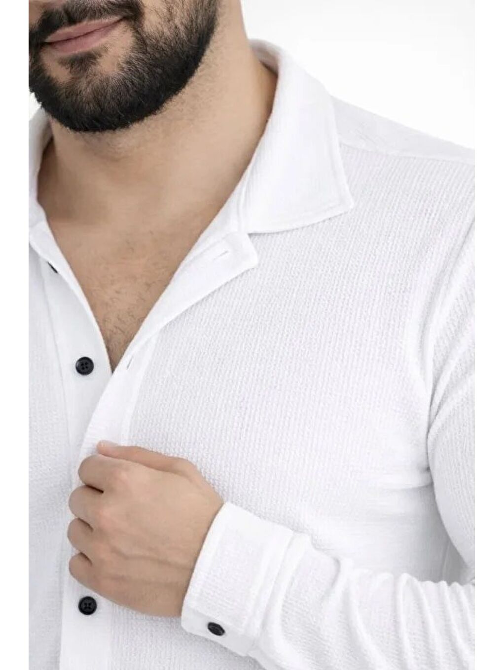 Erkek Waffle Kumaş Uzun Kollu Düğmeli Açık Yaka Regular Fit Gömlek - Beyaz-3