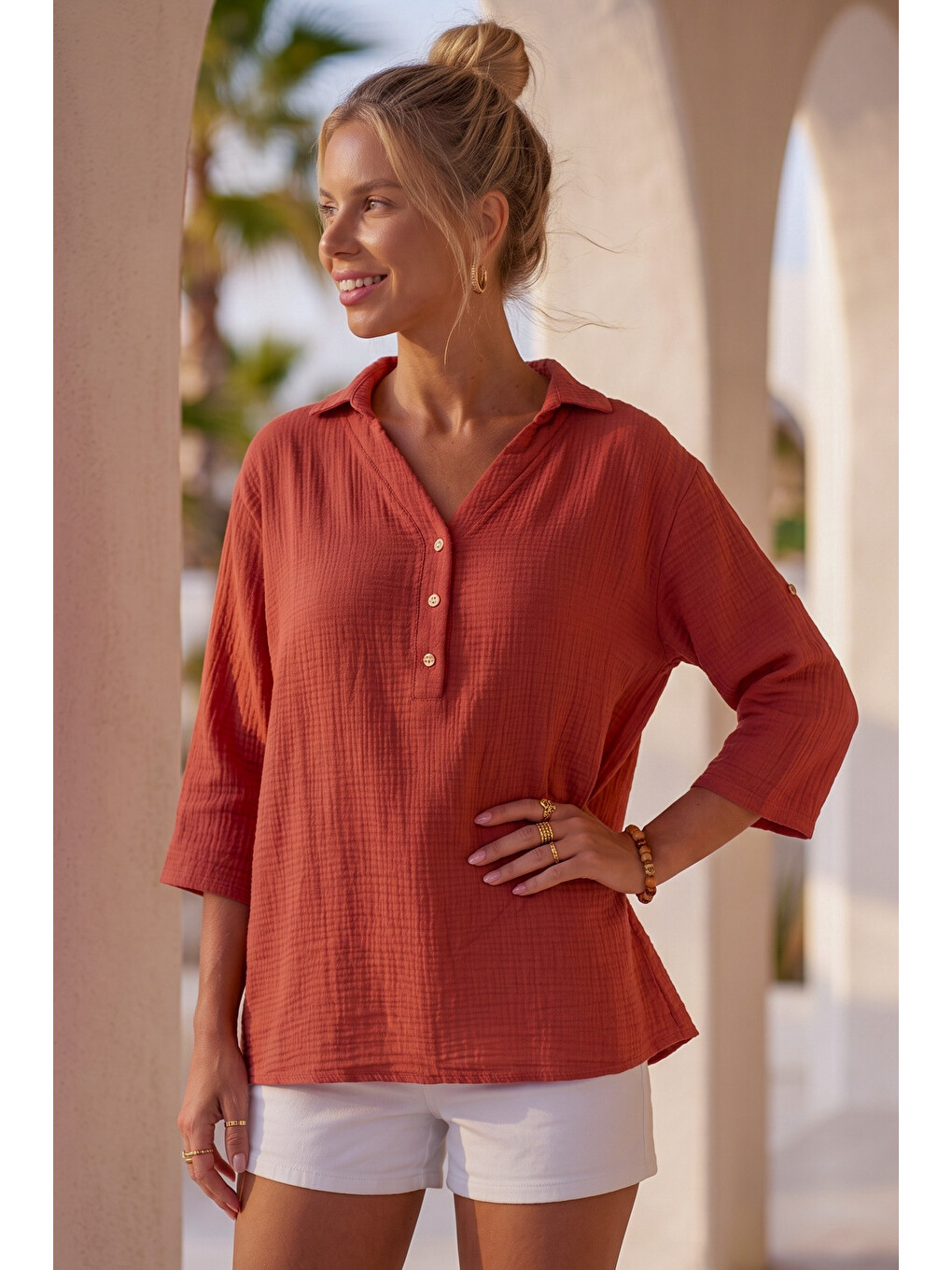 Kahverengi Kiremit Rengi Gömlek Yaka Düğmeli 3/4 Kol Casual Müslin Oversize Dokuma 67 67-6