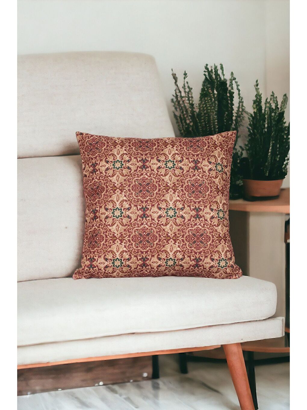 Bordo Desenli Kırlent Kılıfı Dekoratif Etnik Ikat Damask Inta 492