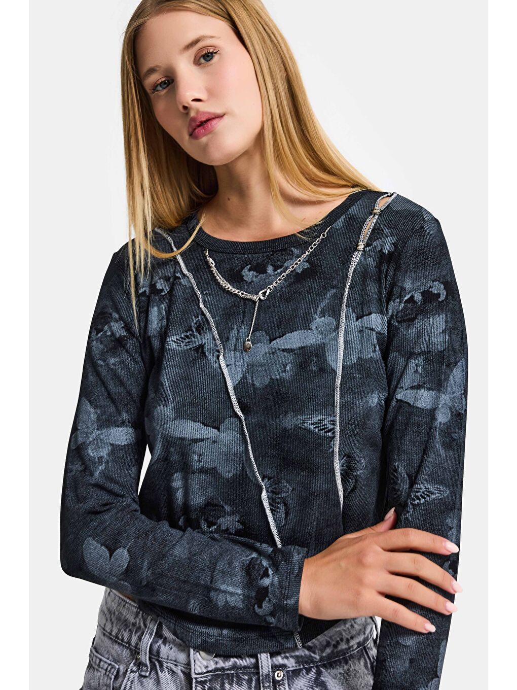 Kadın Siyah Antrasit w5 Baskılı Özel Elastan Kumaş Kolye Aksesuarlı Tasarım Body-4