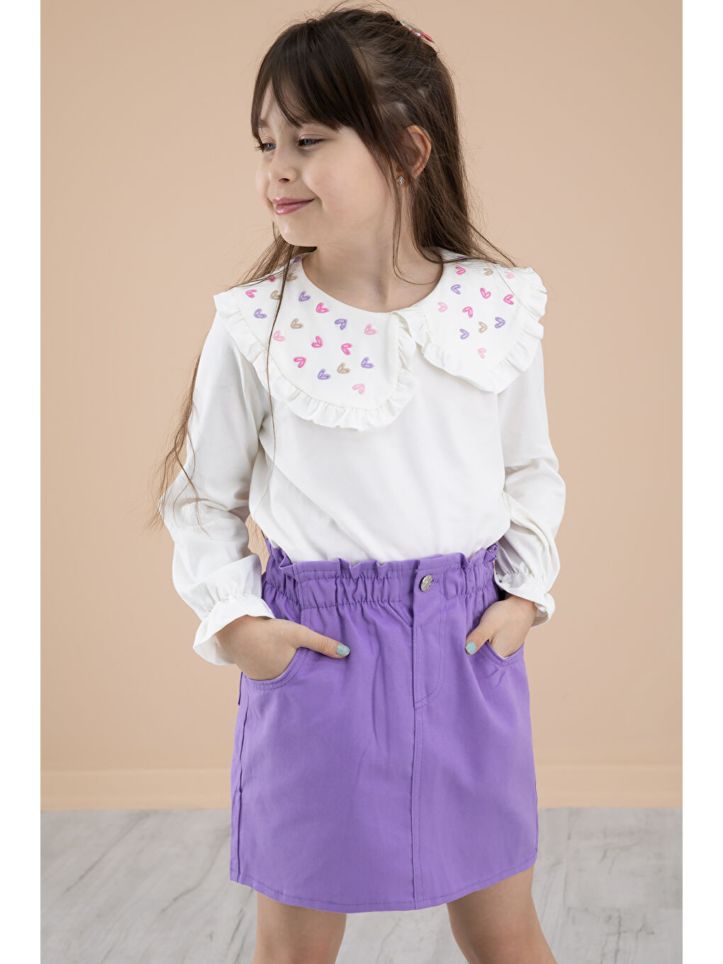 Lila Yakası Kalp Nakışlı Badili Jean Etekli Kız Çocuk Takım 20335-1