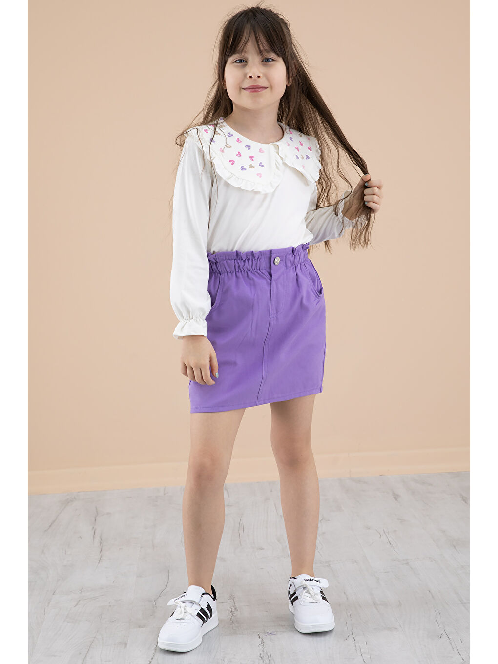 Lila Yakası Kalp Nakışlı Badili Jean Etekli Kız Çocuk Takım 20335-2