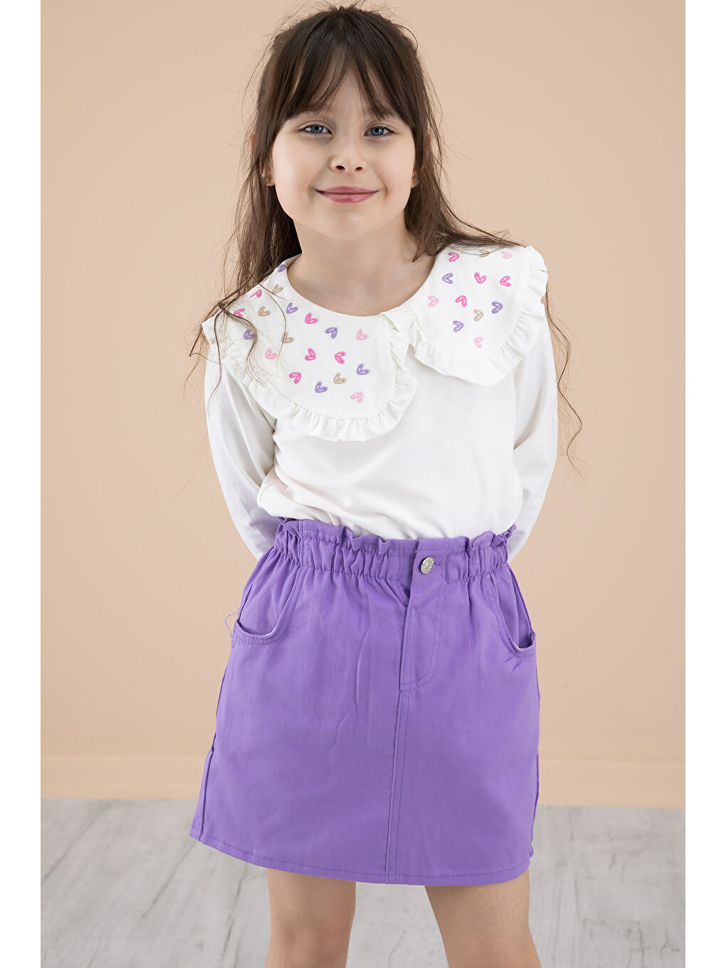 Lila Yakası Kalp Nakışlı Badili Jean Etekli Kız Çocuk Takım 20335-3
