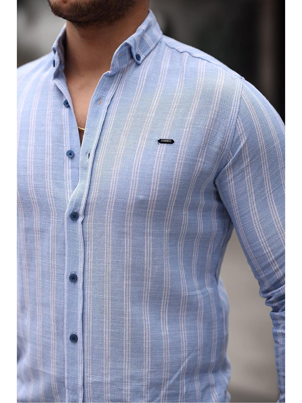 Mavi Erkek Keten Kumaş Uzun Kollu Gömlek-1