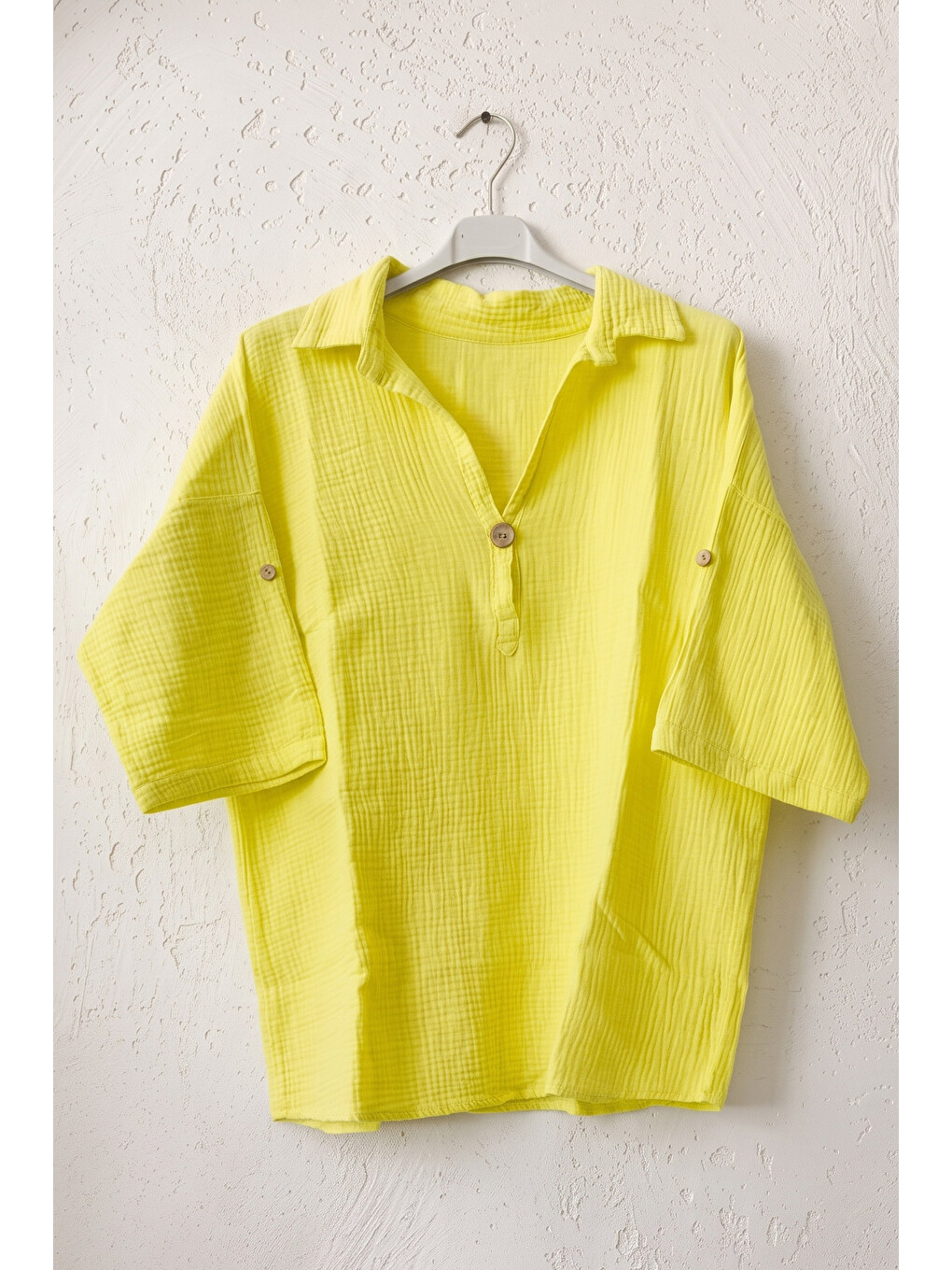 Sarı Gömlek Yaka Düğmeli 3/4 Kol Casual Müslin Oversize Dokuma 67 55-1