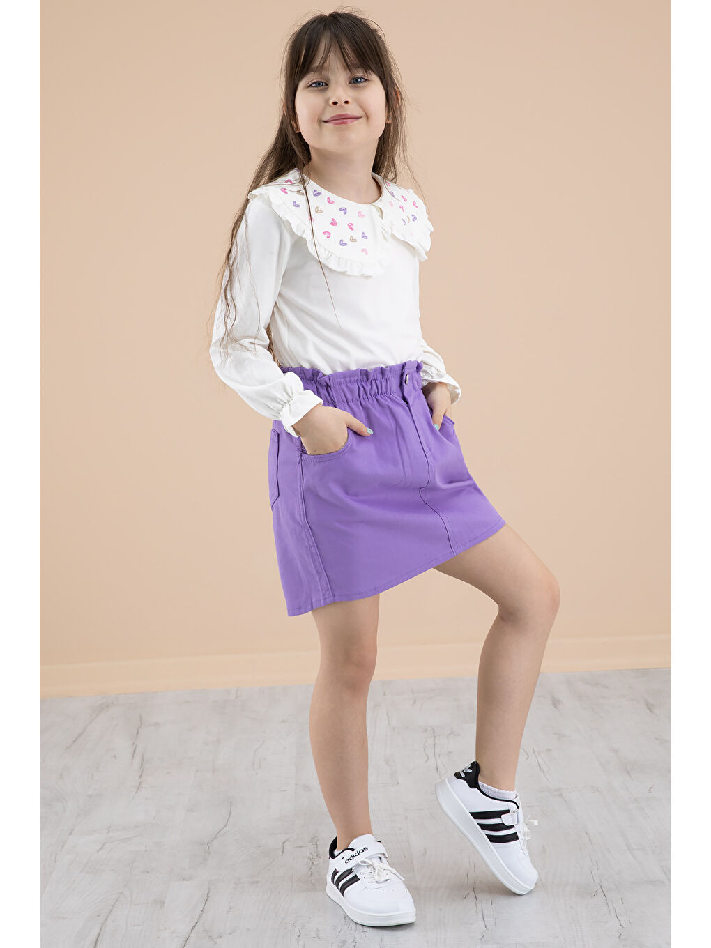 Lila Yakası Kalp Nakışlı Badili Jean Etekli Kız Çocuk Takım 20335-4