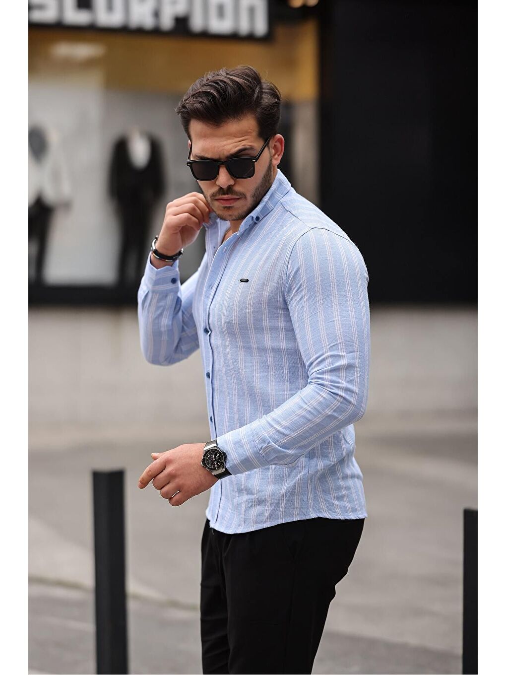 Mavi Erkek Keten Kumaş Uzun Kollu Gömlek-2