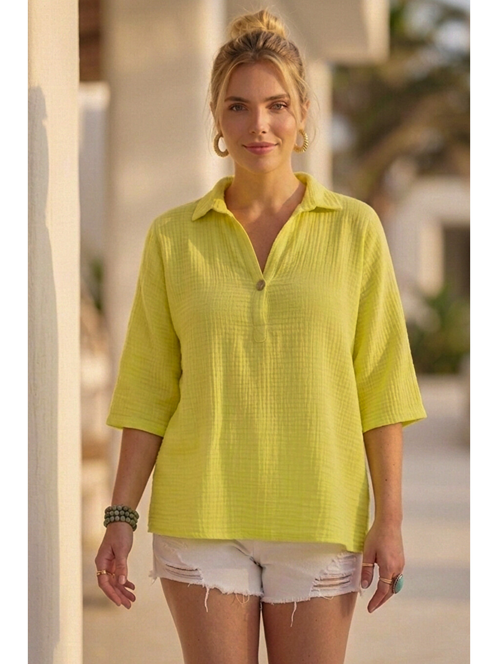 Sarı Gömlek Yaka Düğmeli 3/4 Kol Casual Müslin Oversize Dokuma 67 55-2