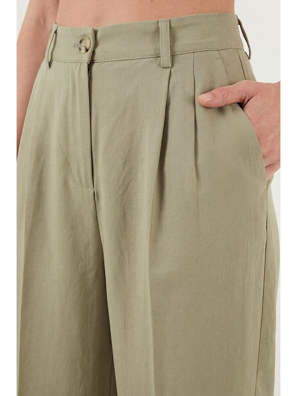 Yeşil Düğmeli Bisiklet Yaka Yüksek Bel Geniş Paça Kadın Takım 6928930-5