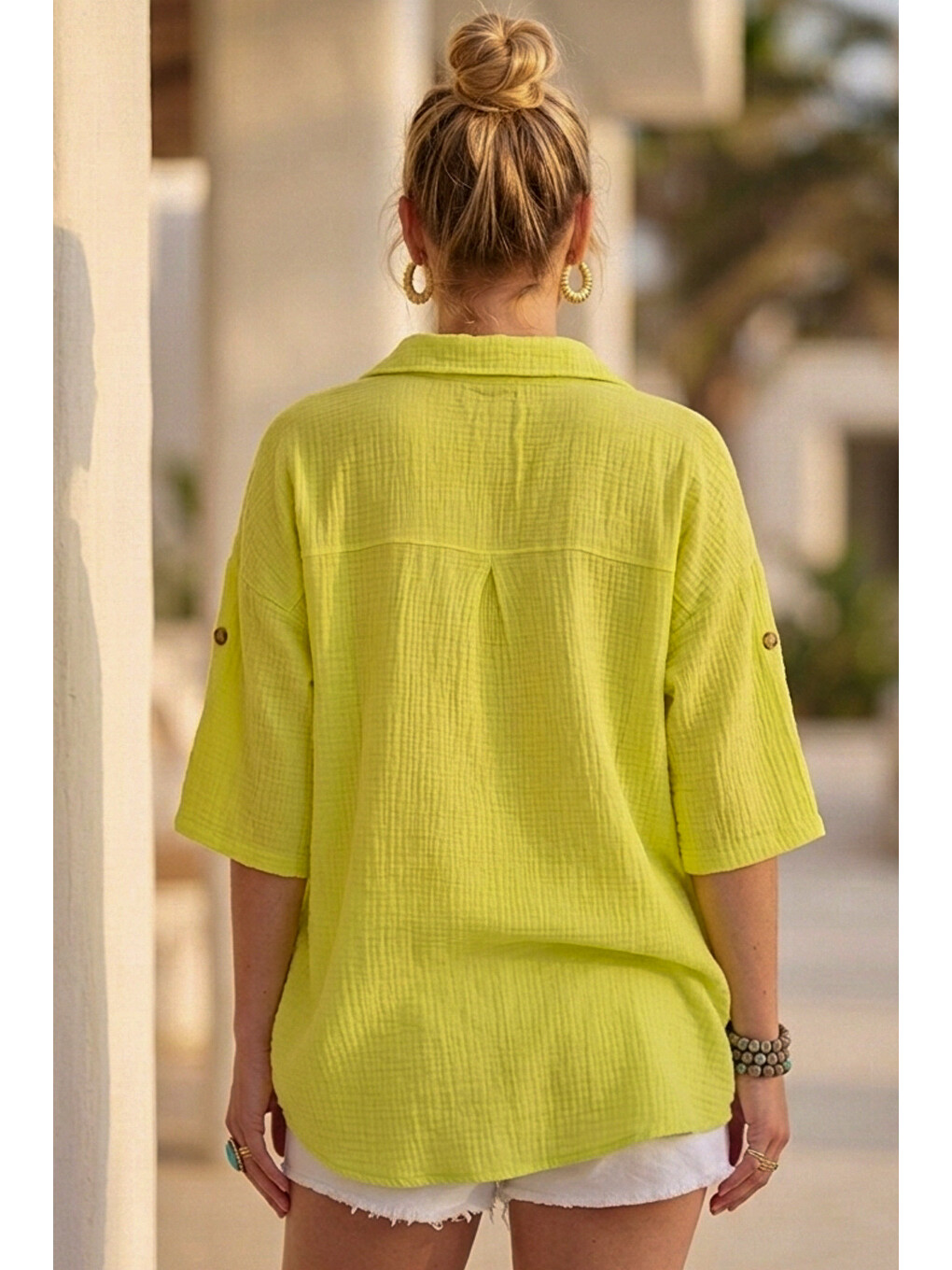 Sarı Gömlek Yaka Düğmeli 3/4 Kol Casual Müslin Oversize Dokuma 67 55-3
