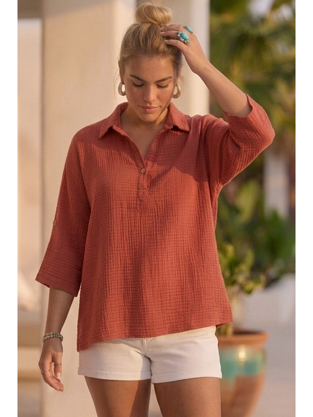 Sarı Gömlek Yaka Düğmeli 3/4 Kol Casual Müslin Oversize Dokuma 67 55-4