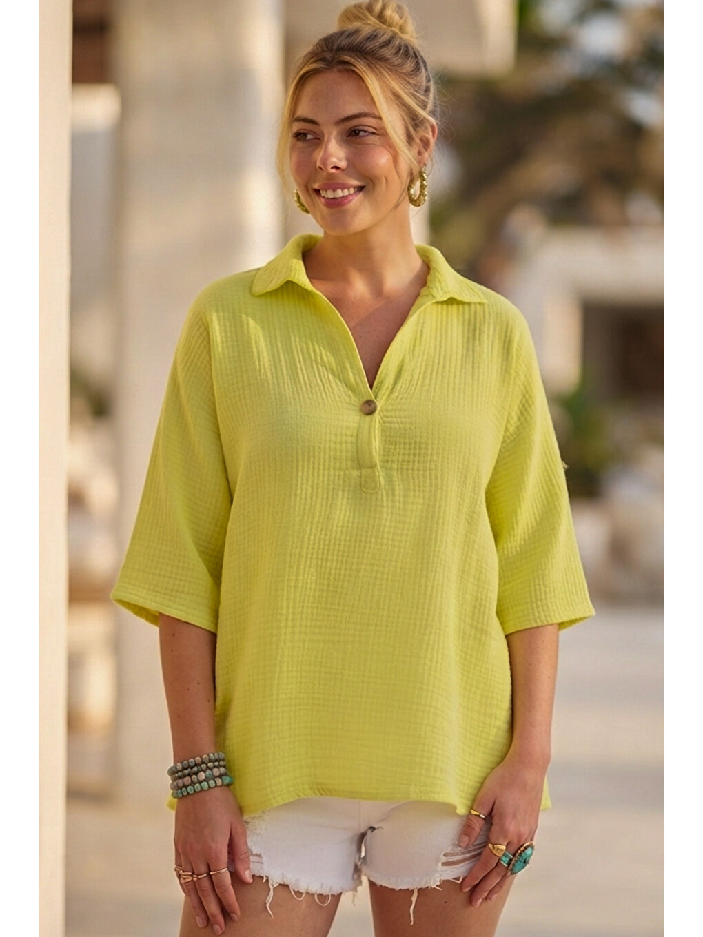 Sarı Gömlek Yaka Düğmeli 3/4 Kol Casual Müslin Oversize Dokuma 67 55-5