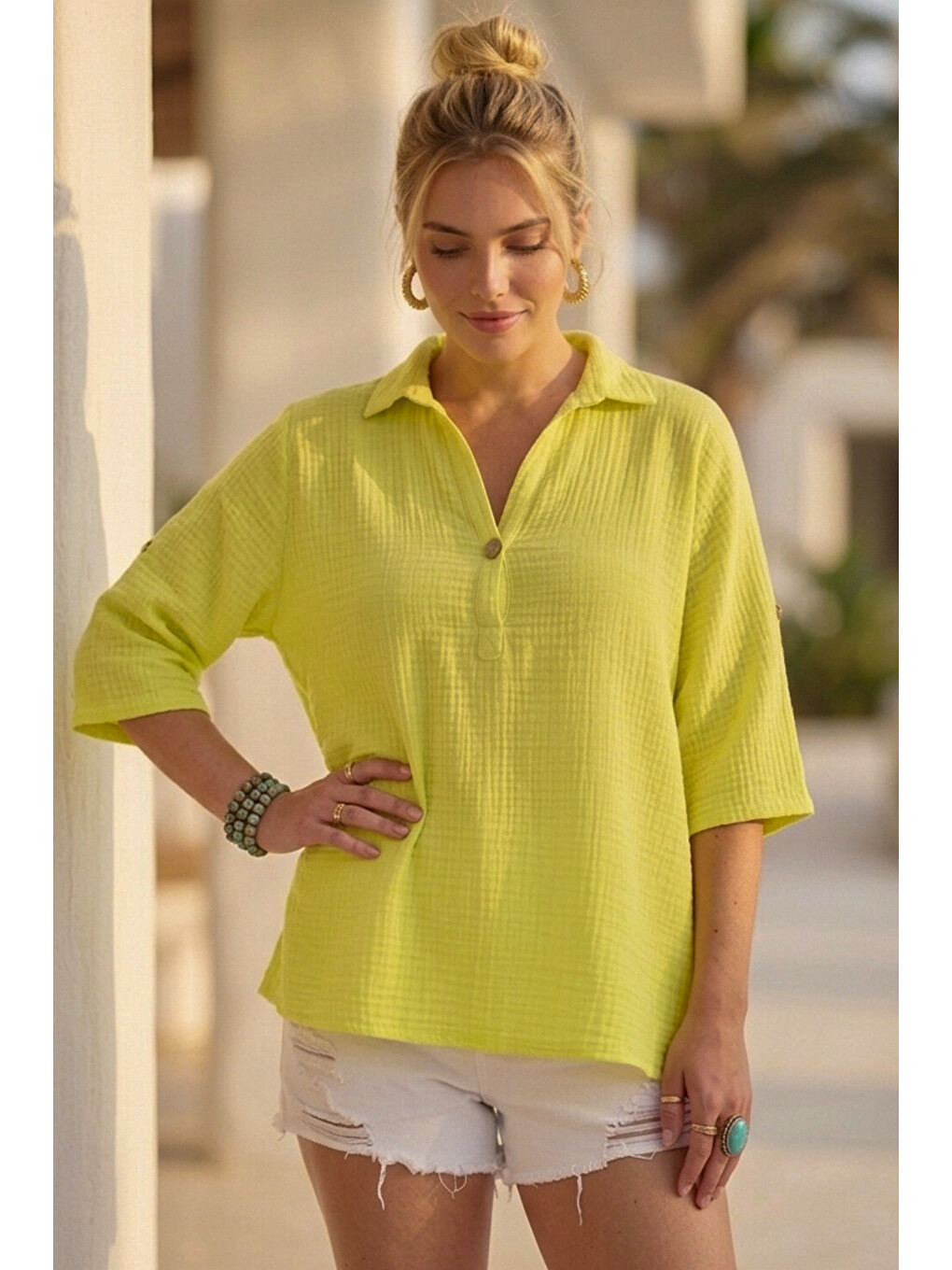 Sarı Gömlek Yaka Düğmeli 3/4 Kol Casual Müslin Oversize Dokuma 67 55-6