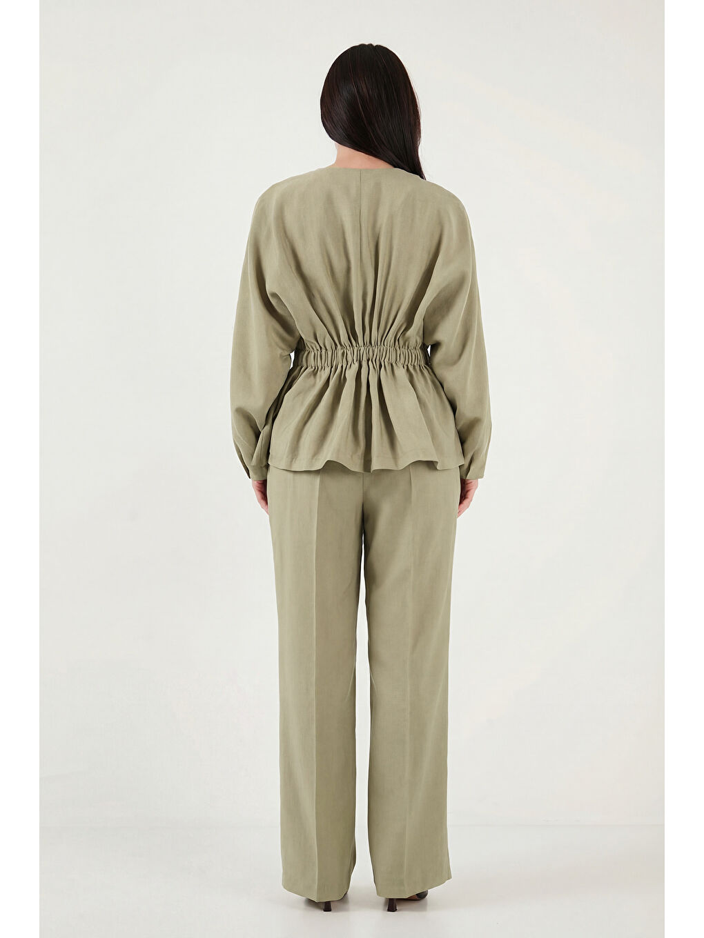 Yeşil Düğmeli Bisiklet Yaka Yüksek Bel Geniş Paça Kadın Takım 6928930-6