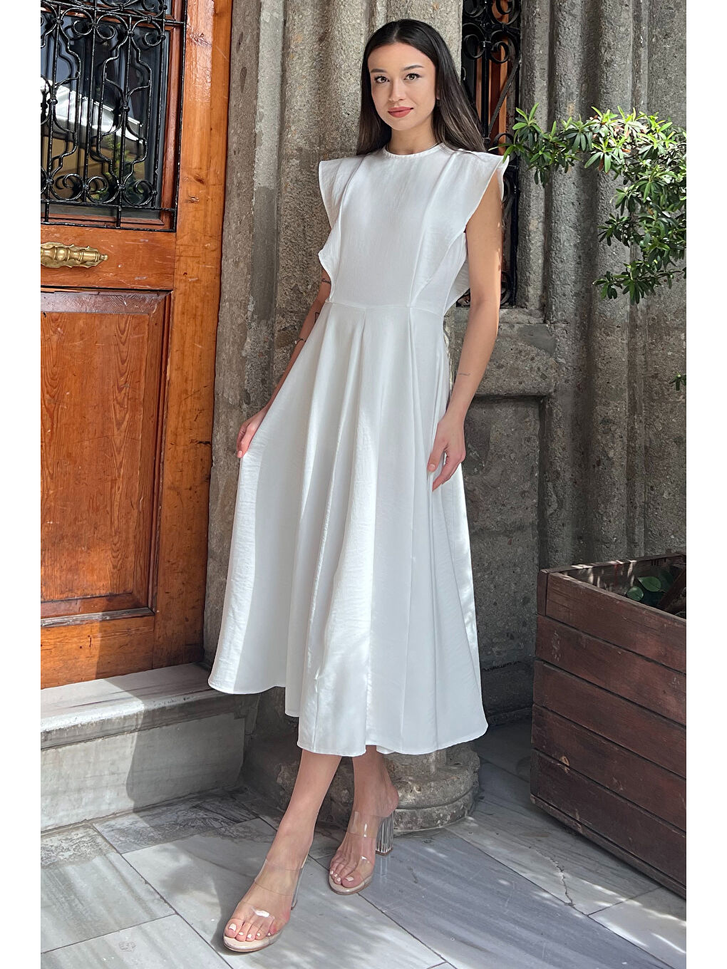 Ekru Kadın Bisiklet Yaka Kiloş Elbise-1