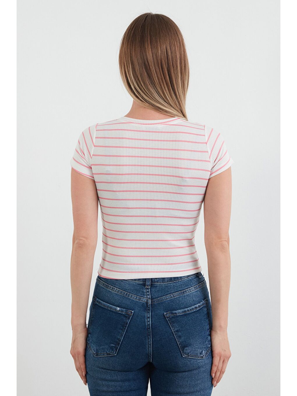 Pembe Çizgili Fitilli Tişört-3