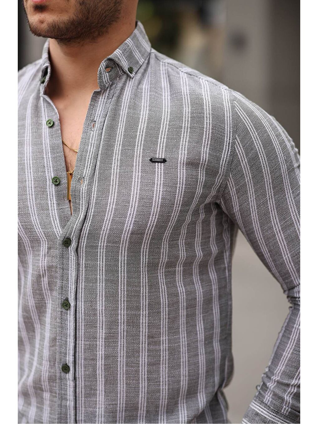 Haki Erkek Keten Kumaş Uzun Kollu Gömlek-1