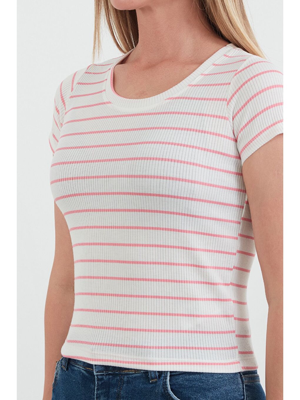 Pembe Çizgili Fitilli Tişört-4
