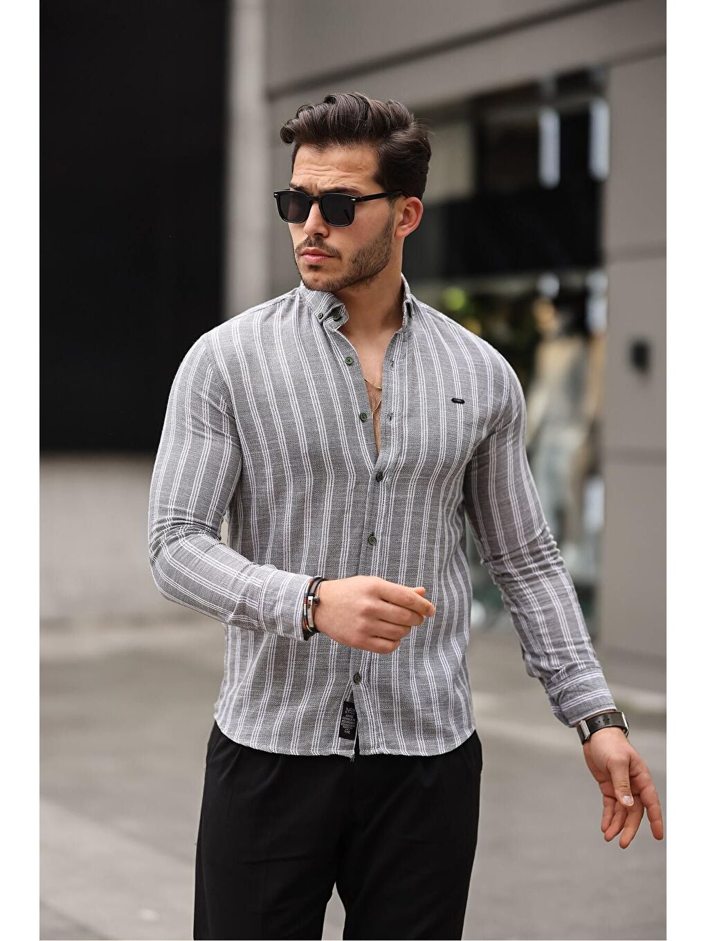 Haki Erkek Keten Kumaş Uzun Kollu Gömlek-2