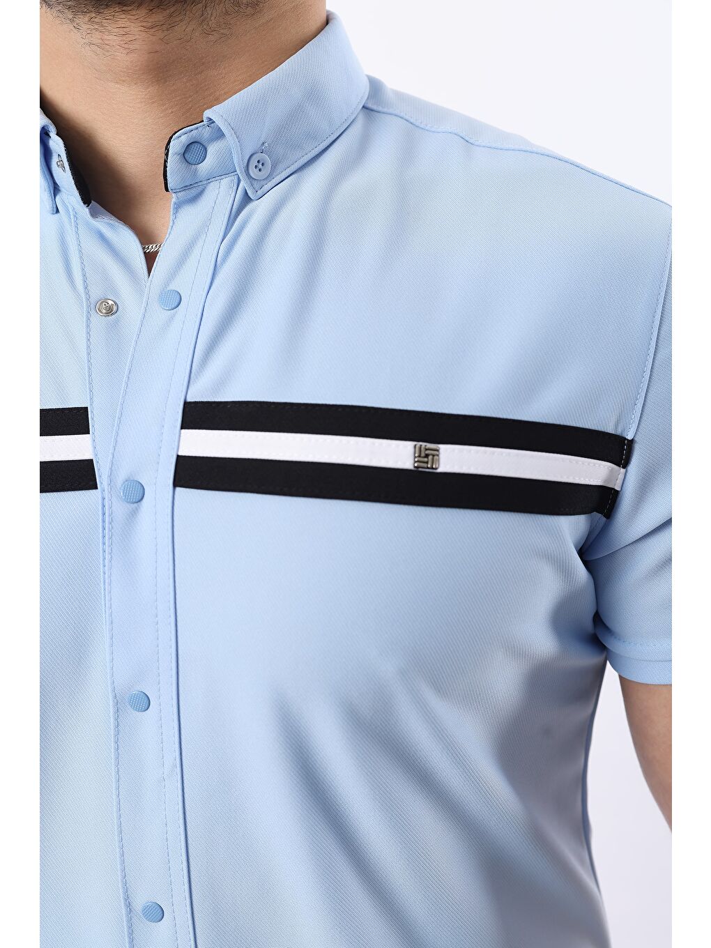 Mavi Erkek Kısa Kollu Slim Fit Yazlık Çift Çizgili Gömlek-1