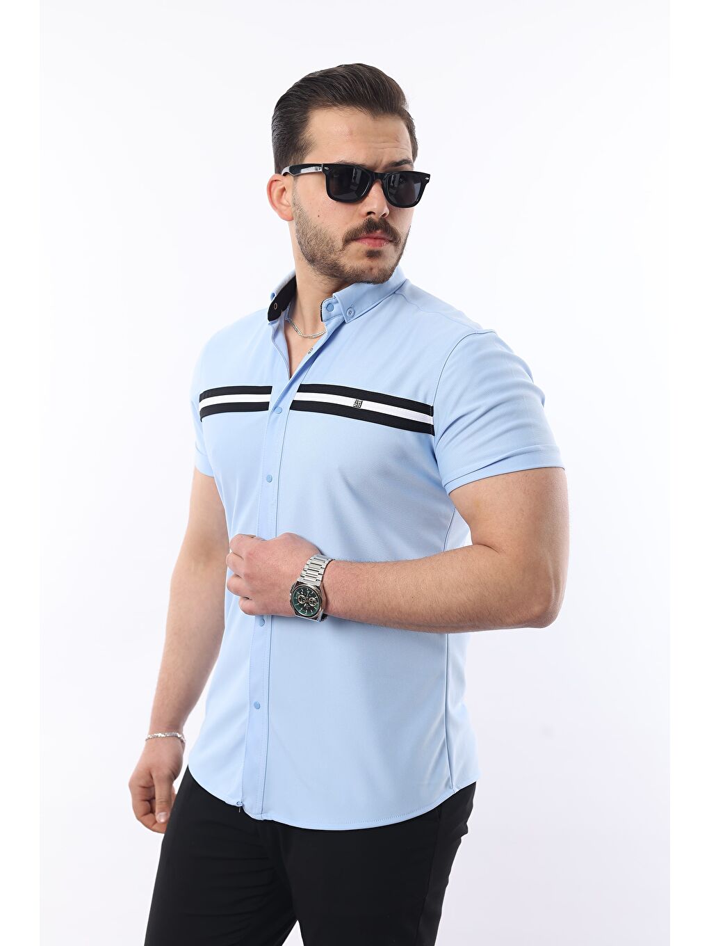 Mavi Erkek Kısa Kollu Slim Fit Yazlık Çift Çizgili Gömlek-2