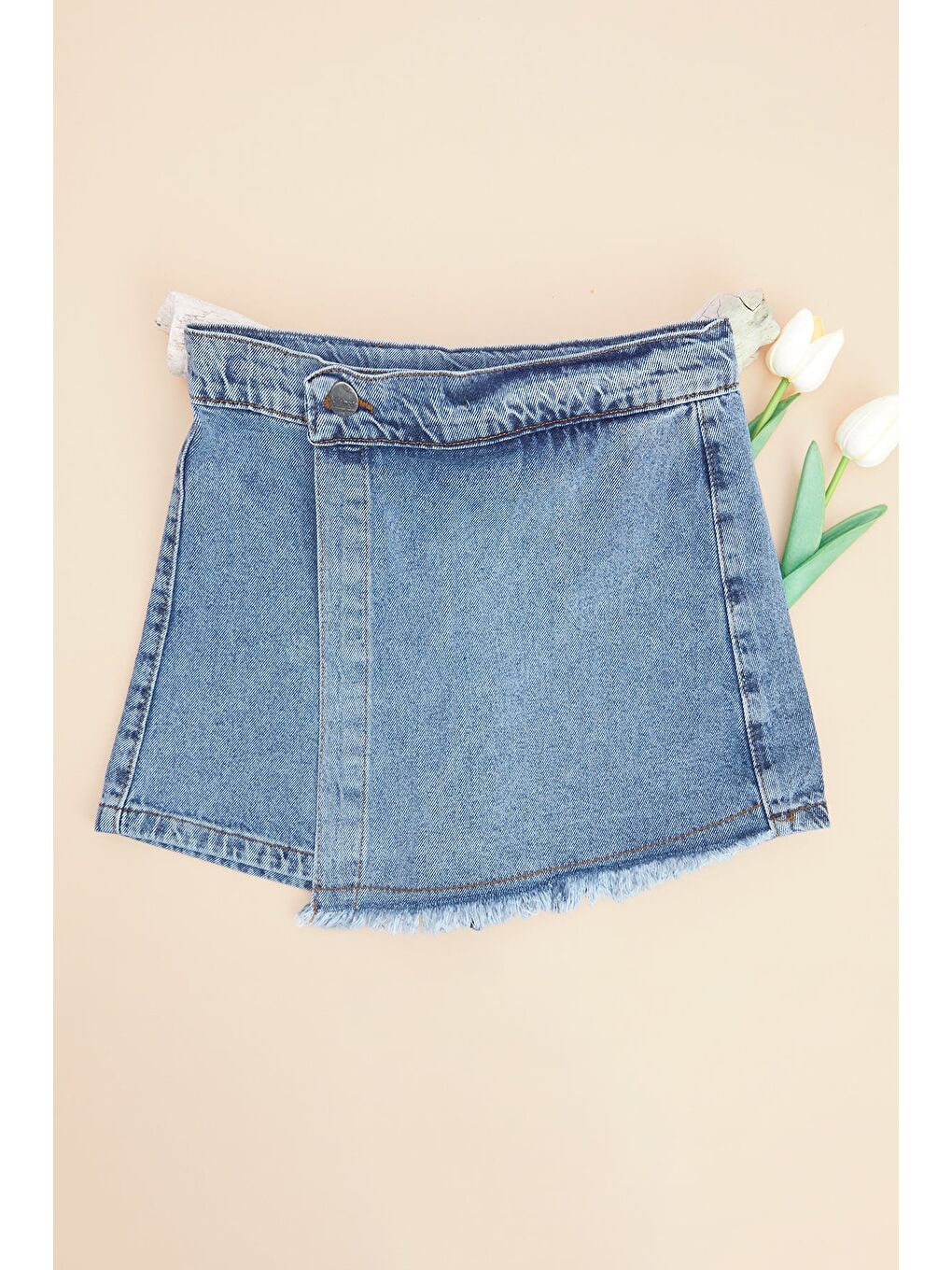Mavi Beli Ayarlanabilir Püsküllü Kız Çocuk Şort Etek