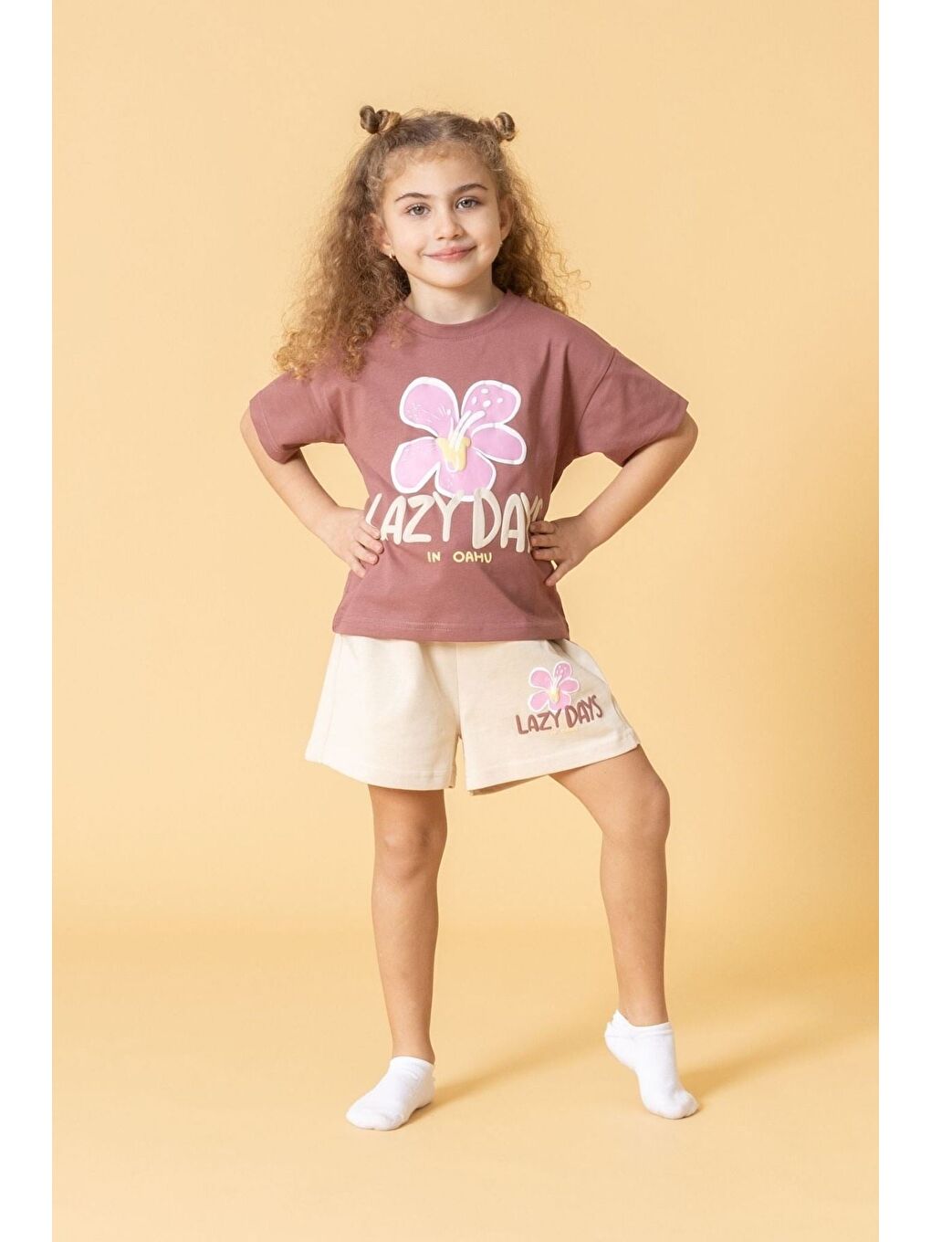 Pembe Kız Çocuk Lazy Day Çiçek Baskılı Takım
