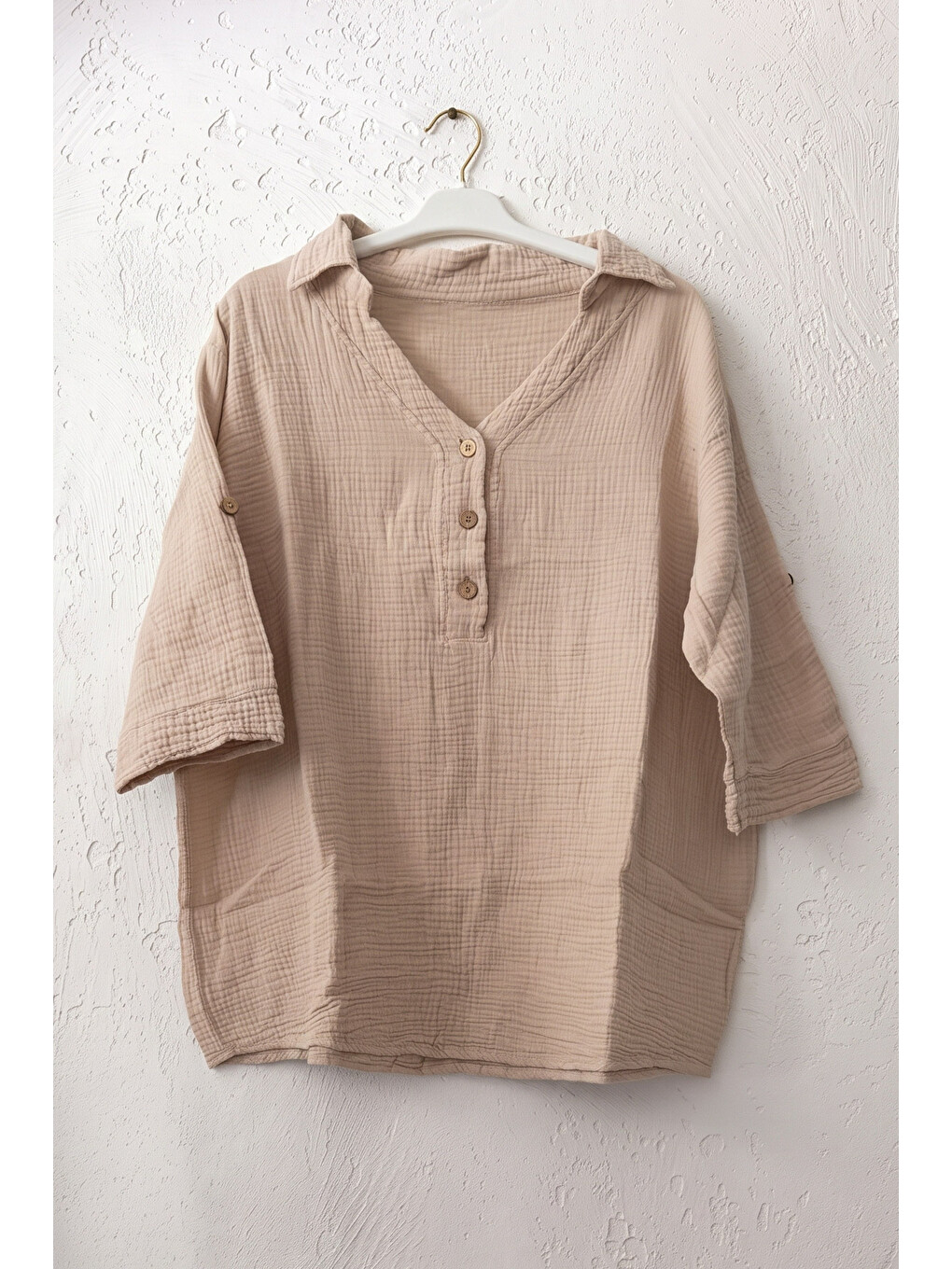 Bej Gömlek Yaka Düğmeli 3/4 Kol Casual Müslin Oversize Dokuma 67 67-1