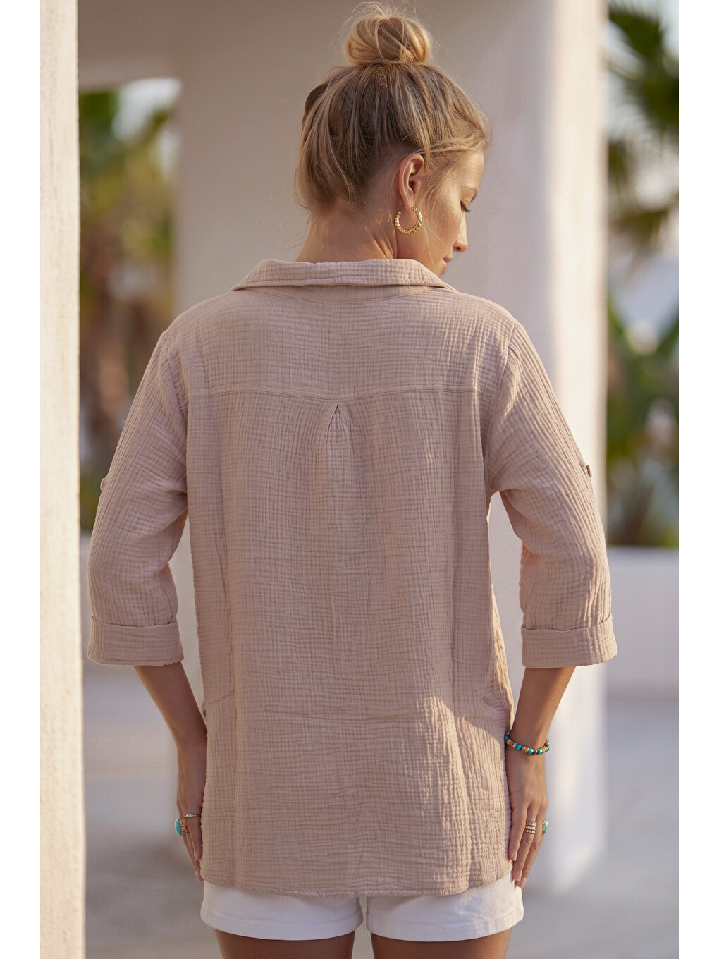 Bej Gömlek Yaka Düğmeli 3/4 Kol Casual Müslin Oversize Dokuma 67 67-2