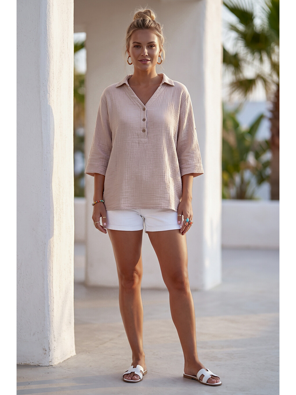 Bej Gömlek Yaka Düğmeli 3/4 Kol Casual Müslin Oversize Dokuma 67 67-3