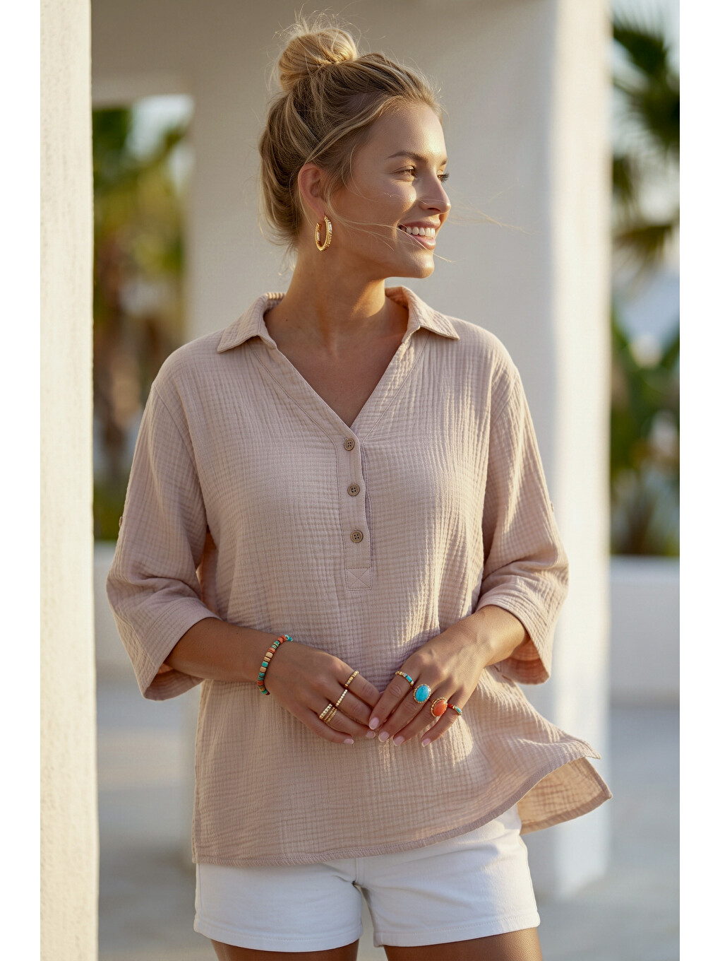 Bej Gömlek Yaka Düğmeli 3/4 Kol Casual Müslin Oversize Dokuma 67 67-5
