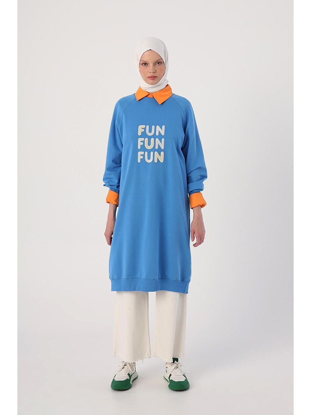 Mavi Saks Yazı Nakışlı Reglan Kol Sweat Tunik-1