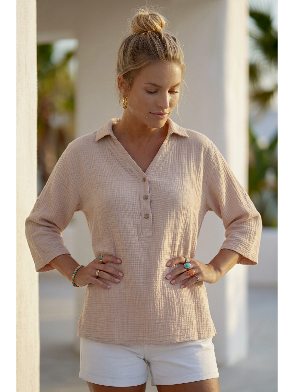 Bej Gömlek Yaka Düğmeli 3/4 Kol Casual Müslin Oversize Dokuma 67 67-6