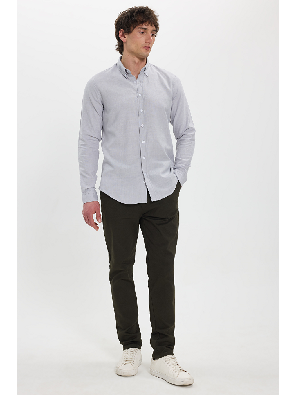 Erkek Slim Fit Dar Kesim %100 Pamuk Düğmeli Yaka Flam Keten Gri Gömlek-1