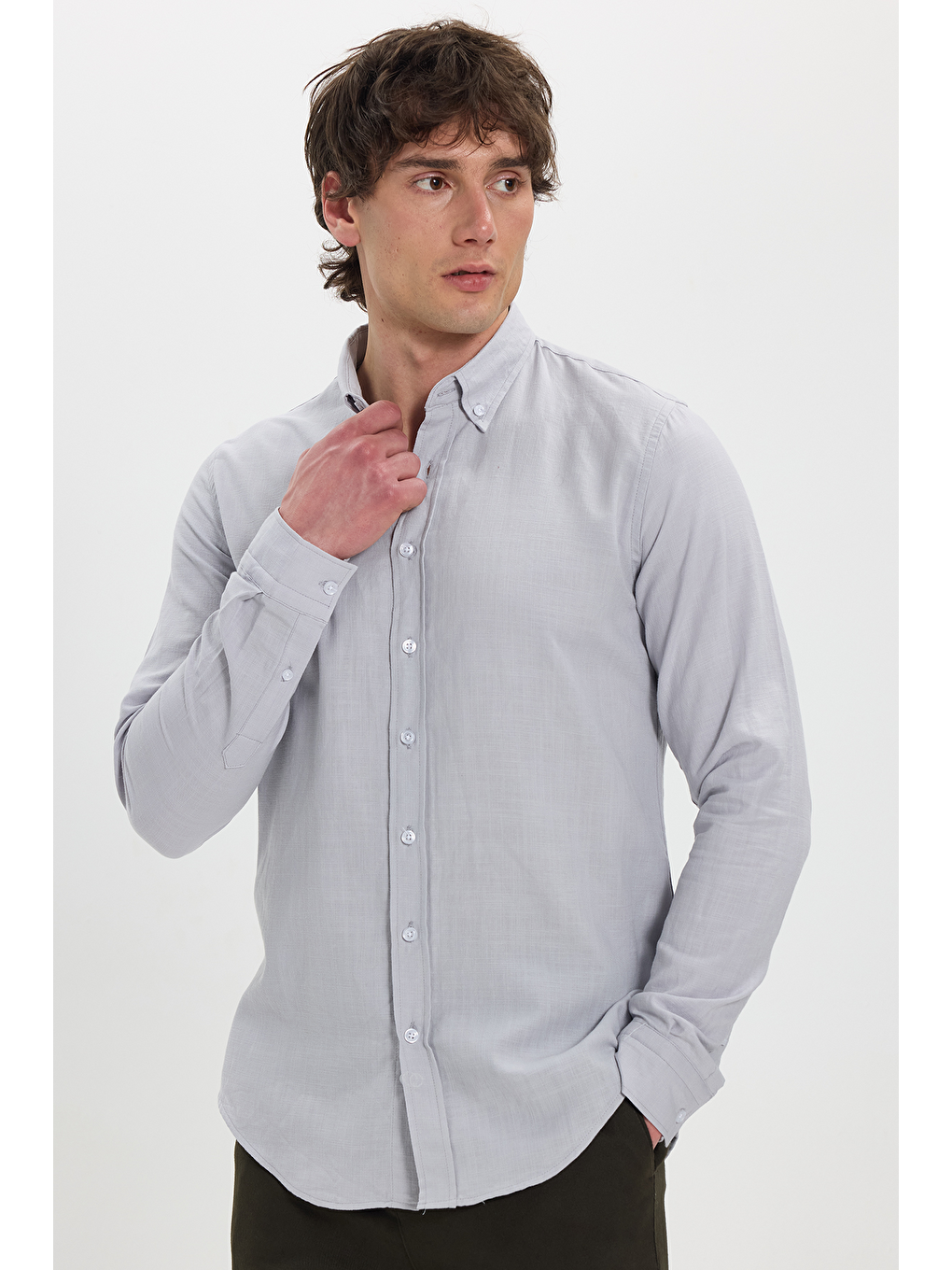 Erkek Slim Fit Dar Kesim %100 Pamuk Düğmeli Yaka Flam Keten Gri Gömlek-2