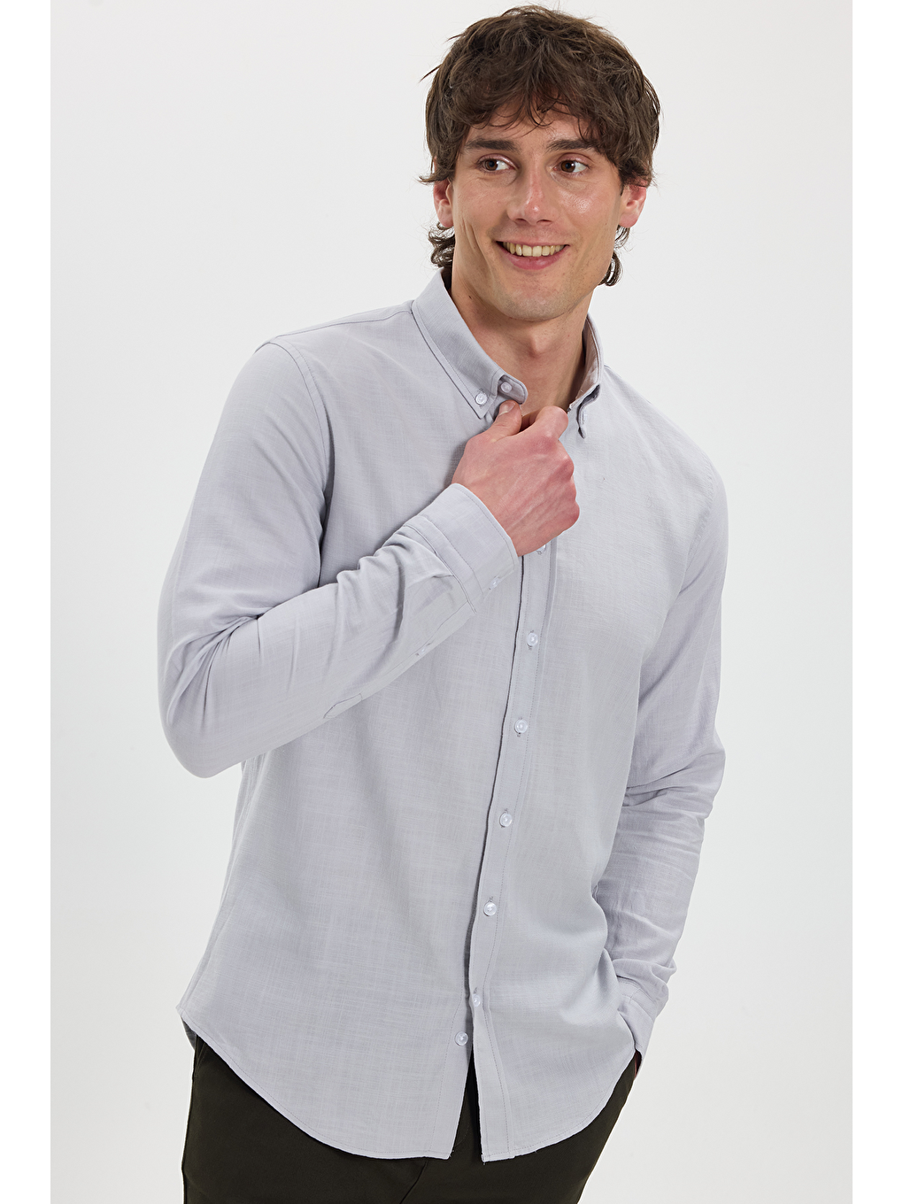 Erkek Slim Fit Dar Kesim %100 Pamuk Düğmeli Yaka Flam Keten Gri Gömlek-3