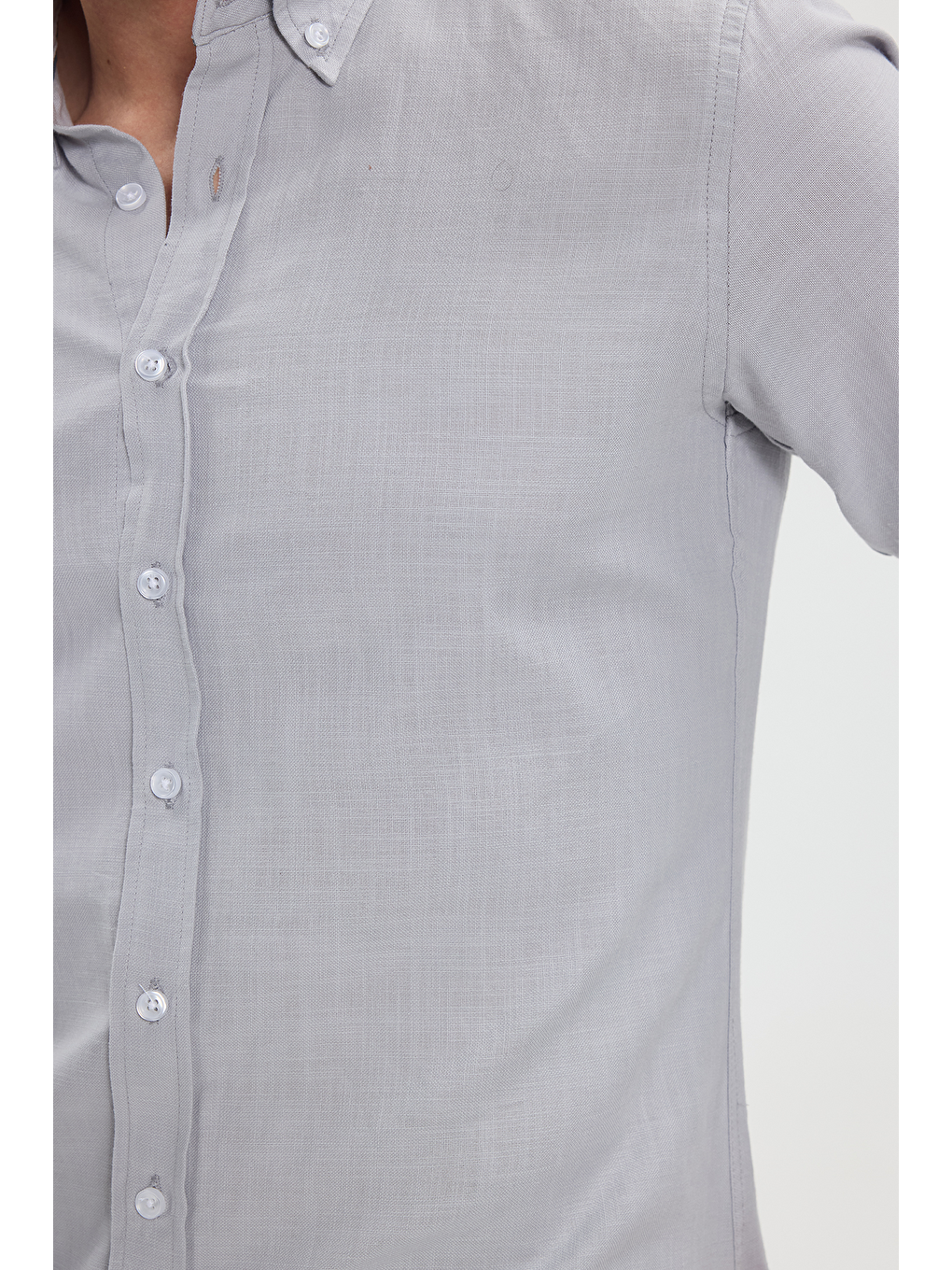 Erkek Slim Fit Dar Kesim %100 Pamuk Düğmeli Yaka Flam Keten Gri Gömlek-4