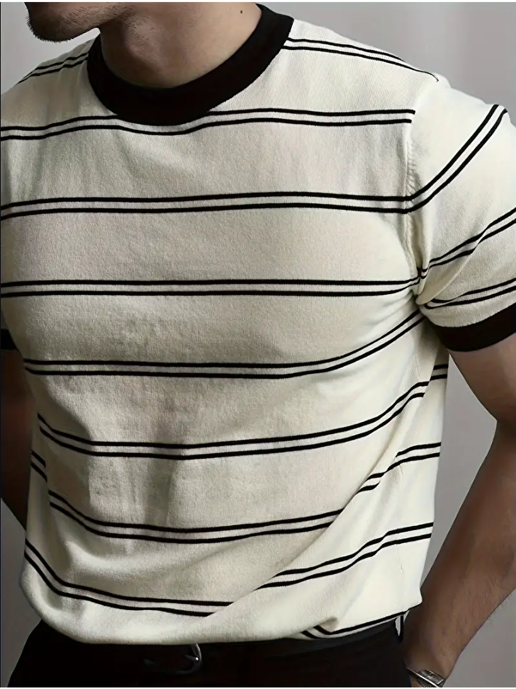 Beyaz Erkek Çizgi Detaylı Slim Fit Bisiklet Yaka Triko Tişört