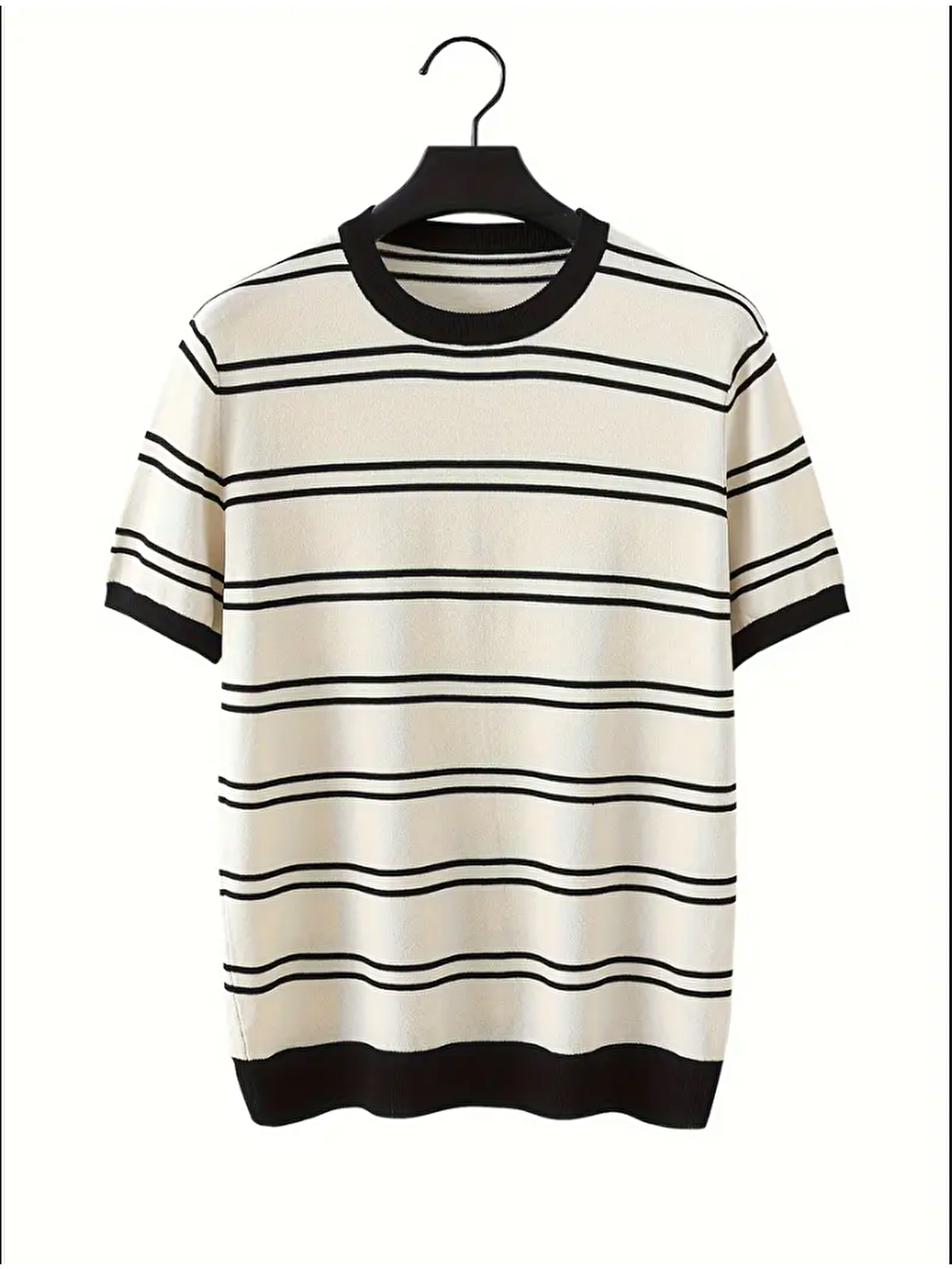 Beyaz Erkek Çizgi Detaylı Slim Fit Bisiklet Yaka Triko Tişört-1