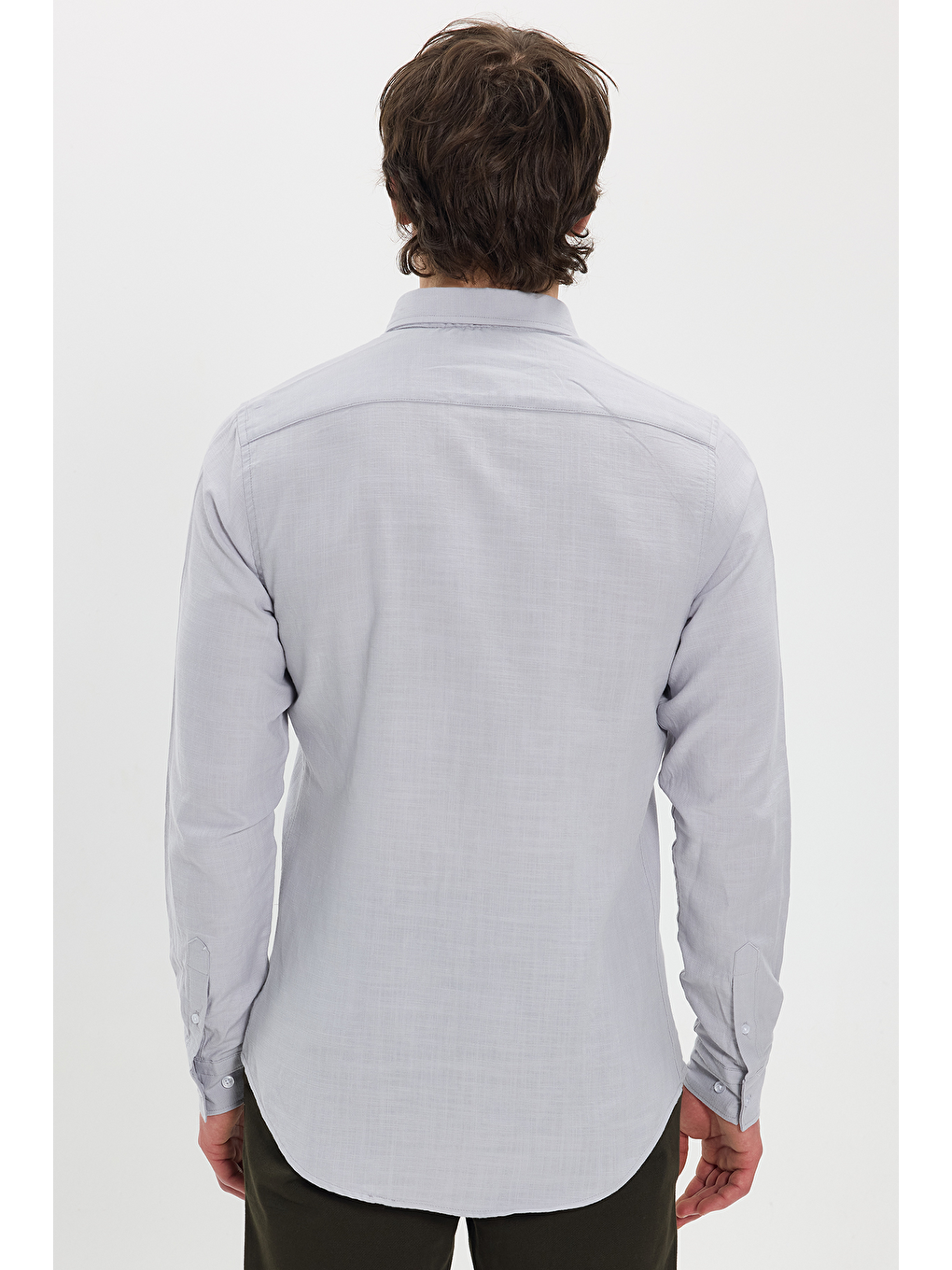 Erkek Slim Fit Dar Kesim %100 Pamuk Düğmeli Yaka Flam Keten Gri Gömlek-5