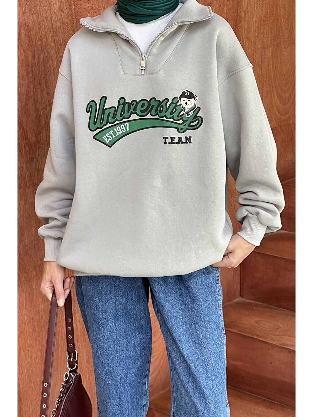 Universiy Baskılı Üç İplik Sweat Gri-2