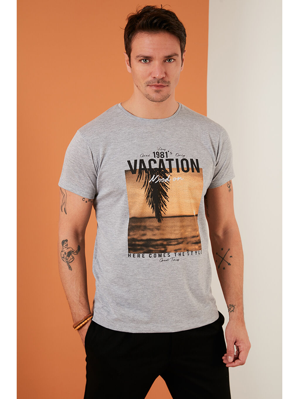 Buratti Gri Baskılı % 100 Pamuk Bisiklet Yaka Slim Fit T Shirt 541VACATION